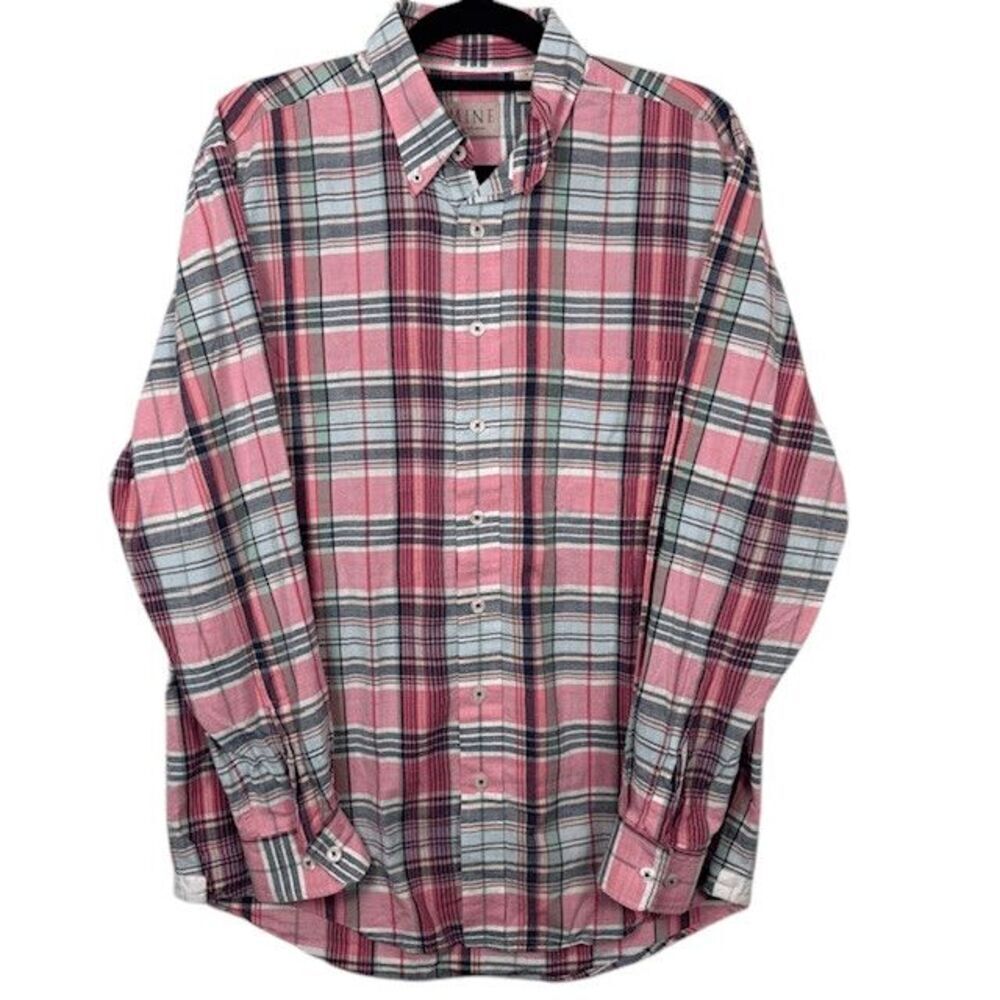 MINE‎ Cotton Button Down Shirt Preppy Plaid Pink Blue Green Size Medium